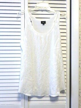 Wassio White Embroidered Sheer Tank Top size Large scoop neck racer back